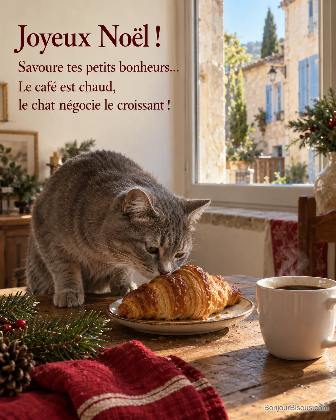 Un chat gris renifle un croissant près d’un café chaud le matin de Noël, avec le texte « Joyeux Noël ! Savoure tes petits bonheurs… Le café est chaud, le chat négocie le croissant ! ». Un chat gris renifle un croissant près d’un café chaud le matin de Noël, avec le texte « Joyeux Noël ! Savoure tes petits bonheurs… Le café est chaud, le chat négocie le croissant ! ».
