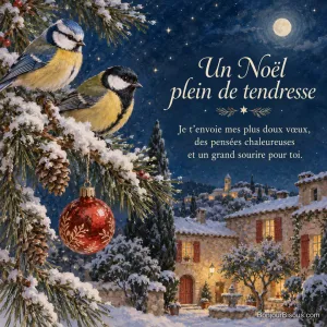 Deux mésanges se posent sur un pin enneigé orné d’une boule de Noël rouge, avec le texte « Un Noël plein de tendresse Je t’envoie mes plus doux vœux, des pensées chaleureuses et un grand sourire pour toi. ».