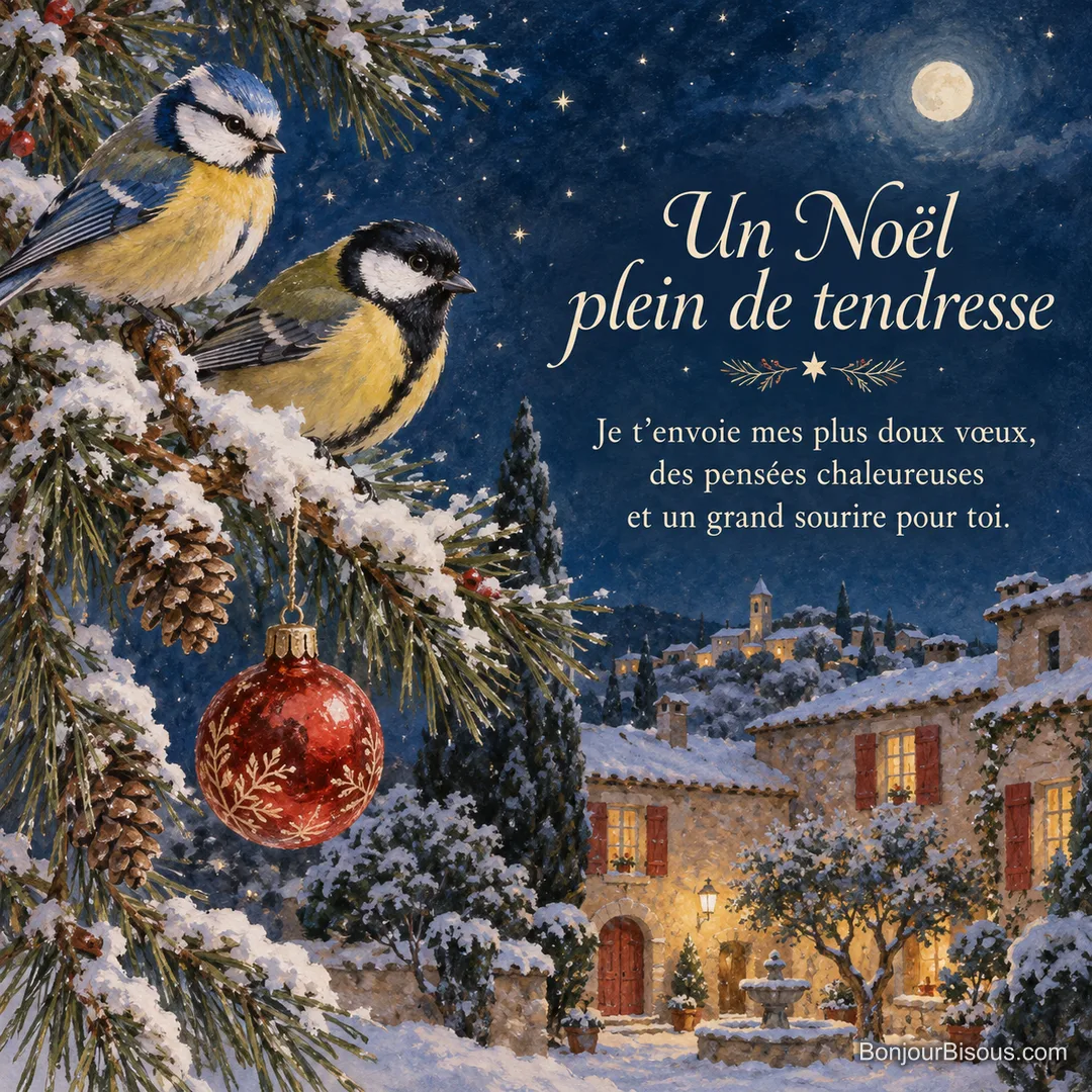 Deux mésanges se posent sur un pin enneigé orné d’une boule de Noël rouge, avec le texte « Un Noël plein de tendresse Je t’envoie mes plus doux vœux, des pensées chaleureuses et un grand sourire pour toi. ». Deux mésanges se posent sur un pin enneigé orné d’une boule de Noël rouge, avec le texte « Un Noël plein de tendresse Je t’envoie mes plus doux vœux, des pensées chaleureuses et un grand sourire pour toi. ».