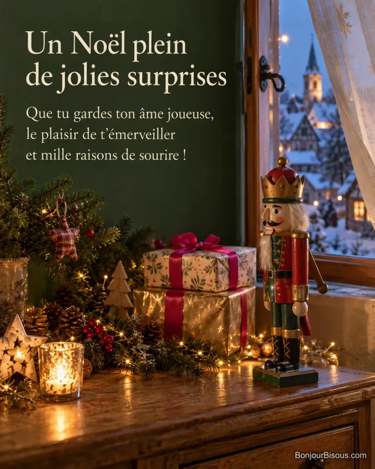 Un casse-noisette artisanal rouge et vert se dresse parmi des cadeaux et des guirlandes dans une maison alsacienne, avec le texte « Un Noël plein de jolies surprises Que tu gardes ton âme joueuse, le plaisir de t’émerveiller et mille raisons de sourire ! ».