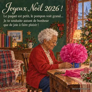 Une femme prépare un minuscule cadeau bleu surmonté d’un immense pompon fuchsia dans son salon décoré pour Noël, avec le texte « Joyeux Noël 2026 ! Le paquet est petit, le pompon voit grand… Je te souhaite autant de bonheur que de joie à faire plaisir ! ».