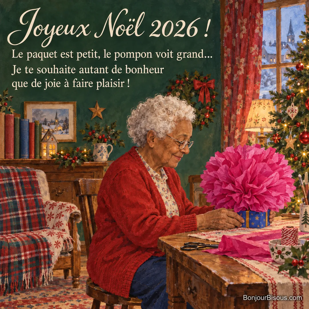 Une femme prépare un minuscule cadeau bleu surmonté d’un immense pompon fuchsia dans son salon décoré pour Noël, avec le texte « Joyeux Noël 2026 ! Le paquet est petit, le pompon voit grand… Je te souhaite autant de bonheur que de joie à faire plaisir ! ». Une femme prépare un minuscule cadeau bleu surmonté d’un immense pompon fuchsia dans son salon décoré pour Noël, avec le texte « Joyeux Noël 2026 ! Le paquet est petit, le pompon voit grand… Je te souhaite autant de bonheur que de joie à faire plaisir ! ».
