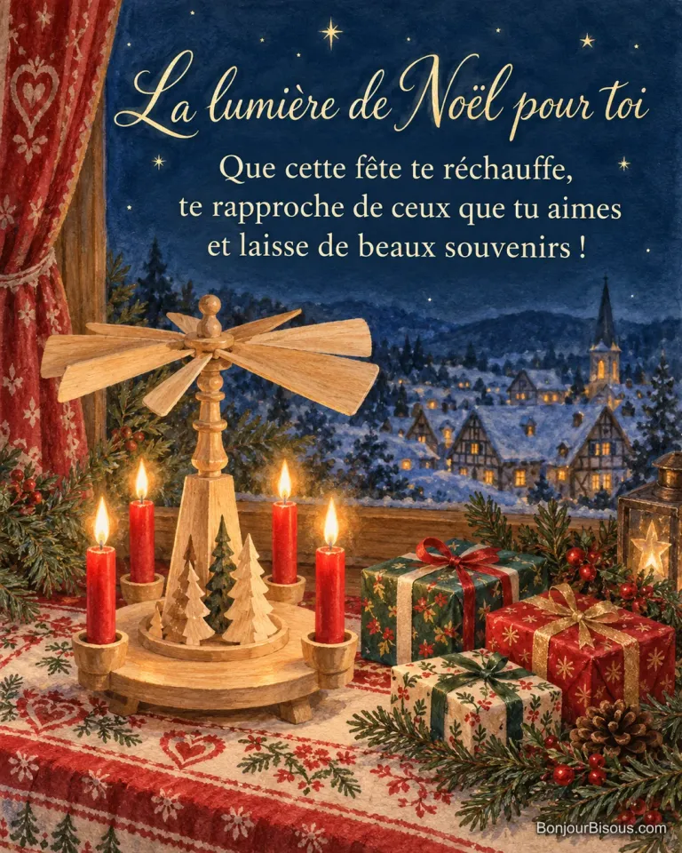 Une pyramide artisanale de Noël en bois tourne au-dessus de quatre bougies rouges allumées parmi des cadeaux colorés, avec le texte « La lumière de Noël pour toi Que cette fête te réchauffe, te rapproche de ceux que tu aimes et laisse de beaux souvenirs ! ».