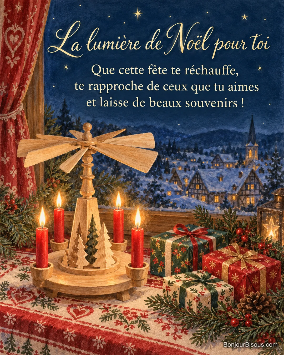 Une pyramide artisanale de Noël en bois tourne au-dessus de quatre bougies rouges allumées parmi des cadeaux colorés, avec le texte « La lumière de Noël pour toi Que cette fête te réchauffe, te rapproche de ceux que tu aimes et laisse de beaux souvenirs ! ». Une pyramide artisanale de Noël en bois tourne au-dessus de quatre bougies rouges allumées parmi des cadeaux colorés, avec le texte « La lumière de Noël pour toi Que cette fête te réchauffe, te rapproche de ceux que tu aimes et laisse de beaux souvenirs ! ».
