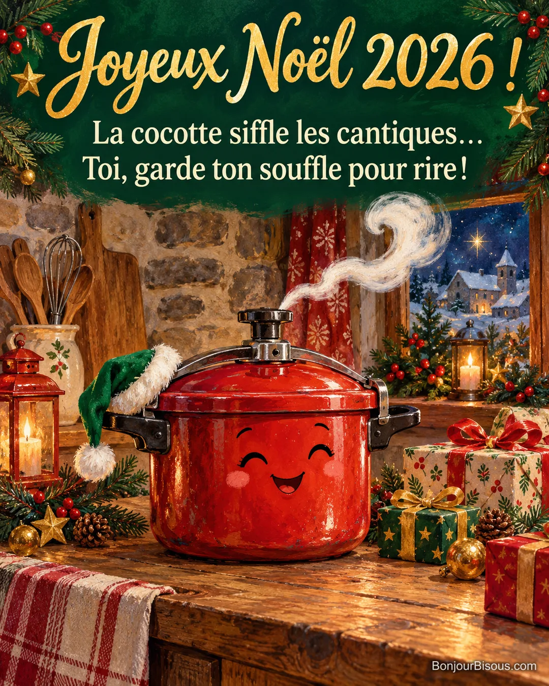 Une cocotte rouge coiffée de fête semble chanter dans la cuisine de Noël, avec le texte « Joyeux Noël 2026 ! La cocotte siffle les cantiques… Toi, garde ton souffle pour rire ! ». Une cocotte rouge coiffée de fête semble chanter dans la cuisine de Noël, avec le texte « Joyeux Noël 2026 ! La cocotte siffle les cantiques… Toi, garde ton souffle pour rire ! ».