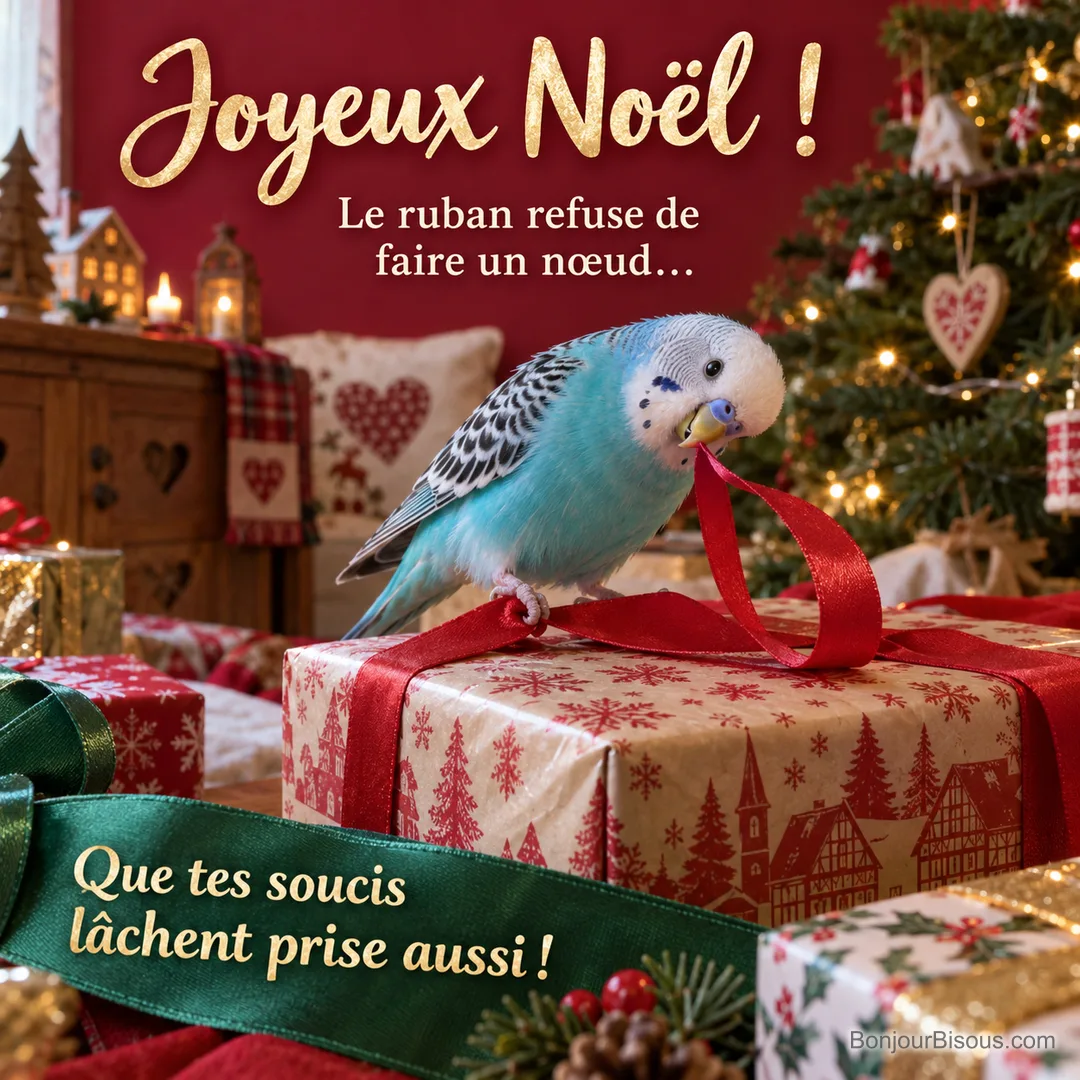 Une perruche turquoise essaie de saisir le bout d’un ruban de cadeau, avec le texte « Joyeux Noël ! Le ruban refuse de faire un nœud… Que tes soucis lâchent prise aussi ! ». Une perruche turquoise essaie de saisir le bout d’un ruban de cadeau, avec le texte « Joyeux Noël ! Le ruban refuse de faire un nœud… Que tes soucis lâchent prise aussi ! ».