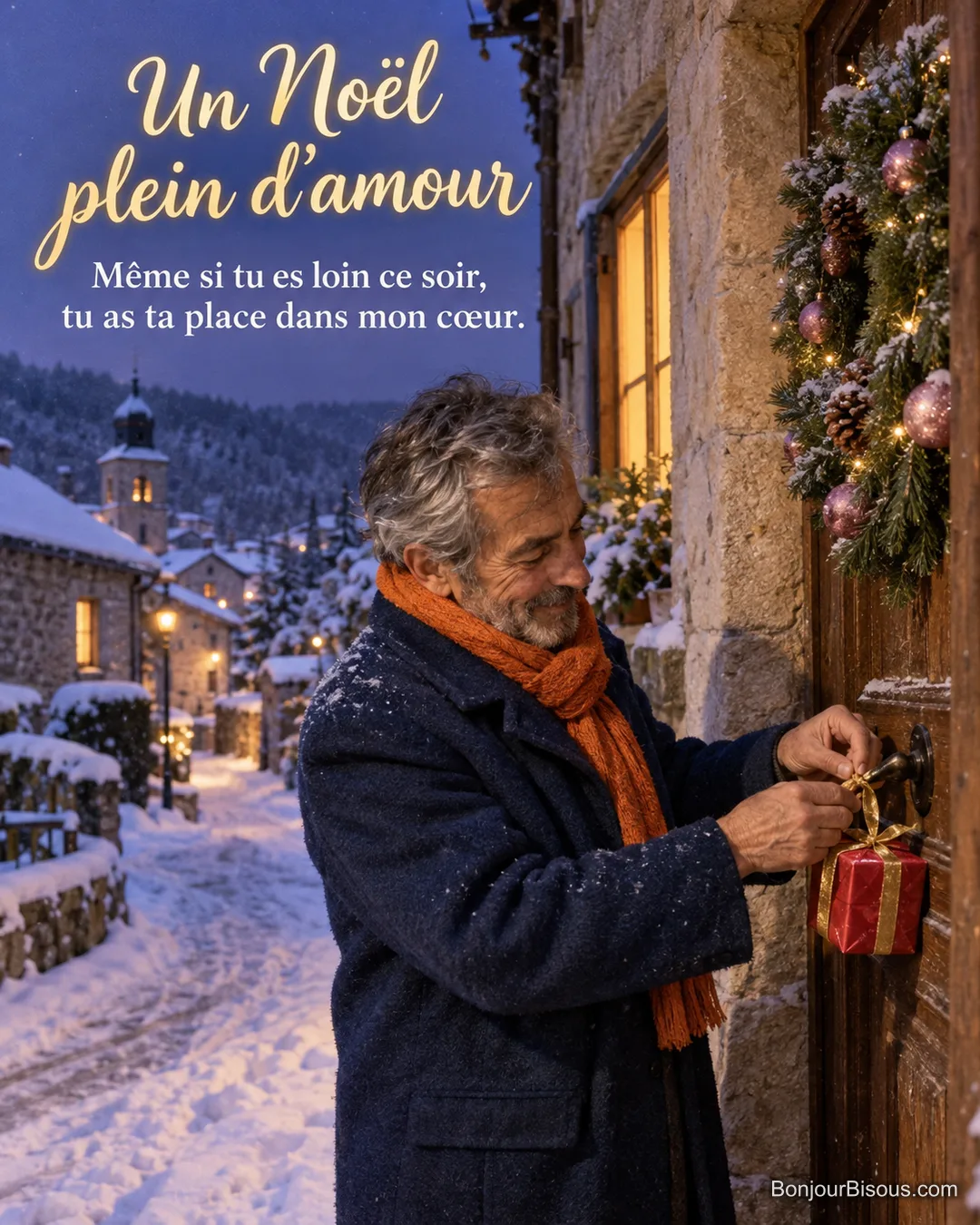 Un homme accroche un petit cadeau rouge à une porte décorée pour Noël, avec le texte « Un Noël plein d’amour Même si tu es loin ce soir, tu as ta place dans mon cœur. ». Un homme accroche un petit cadeau rouge à une porte décorée pour Noël, avec le texte « Un Noël plein d’amour Même si tu es loin ce soir, tu as ta place dans mon cœur. ».