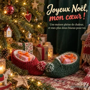 Deux chaussons colorés accueillent chacun un petit paquet au pied du sapin, avec le texte « Joyeux Noël, mon cœur ! Une maison pleine de chaleur, et mes plus doux bisous pour toi. ».