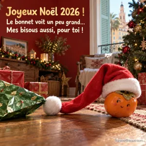 Un kaki souriant essaie de porter un bonnet de Noël trop long près des cadeaux du sapin, avec le texte « Joyeux Noël 2026 ! Le bonnet voit un peu grand… Mes bisous aussi, pour toi ! ».