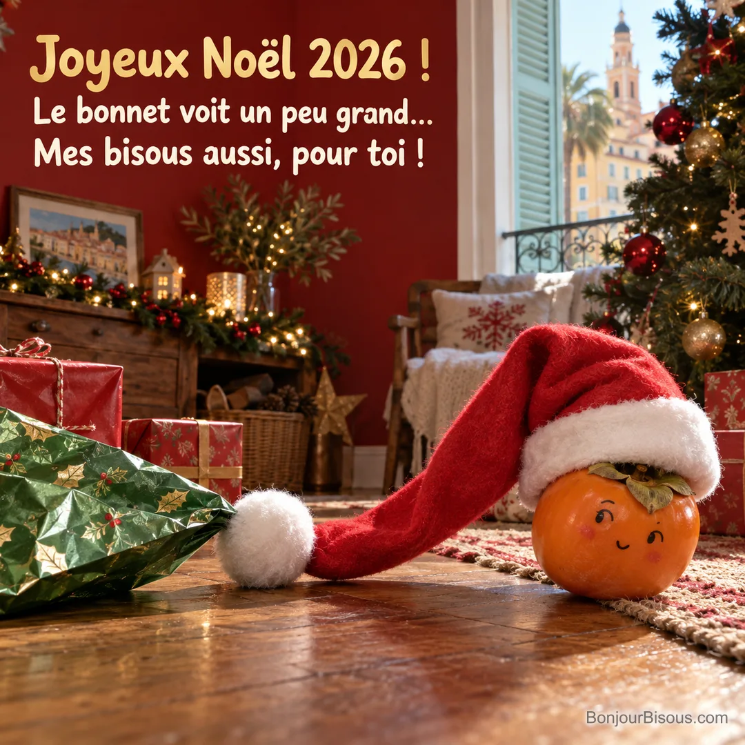 Un kaki souriant essaie de porter un bonnet de Noël trop long près des cadeaux du sapin, avec le texte « Joyeux Noël 2026 ! Le bonnet voit un peu grand… Mes bisous aussi, pour toi ! ». Un kaki souriant essaie de porter un bonnet de Noël trop long près des cadeaux du sapin, avec le texte « Joyeux Noël 2026 ! Le bonnet voit un peu grand… Mes bisous aussi, pour toi ! ».