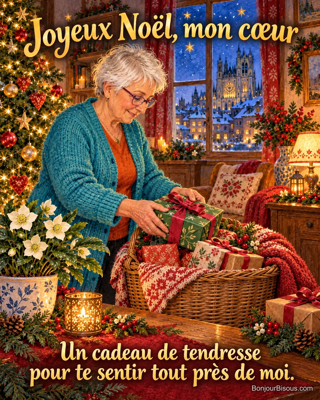 Une femme dépose un paquet vert dans un panier de cadeaux de voisinage, un soir de Noël, avec le texte « Joyeux Noël, mon cœur Un cadeau de tendresse pour te sentir tout près de moi. ». Une femme dépose un paquet vert dans un panier de cadeaux de voisinage, un soir de Noël, avec le texte « Joyeux Noël, mon cœur Un cadeau de tendresse pour te sentir tout près de moi. ».