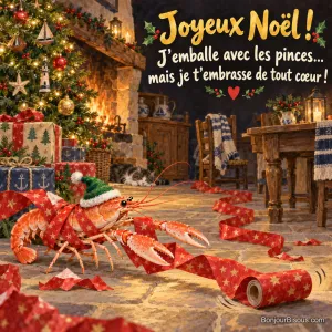 Un homard coiffé pour Noël s’emmêle dans le papier cadeau rouge, sous le regard d’un chat au fond de la pièce, avec le texte « Joyeux Noël ! J’emballe avec les pinces… mais je t’embrasse de tout cœur ! ».