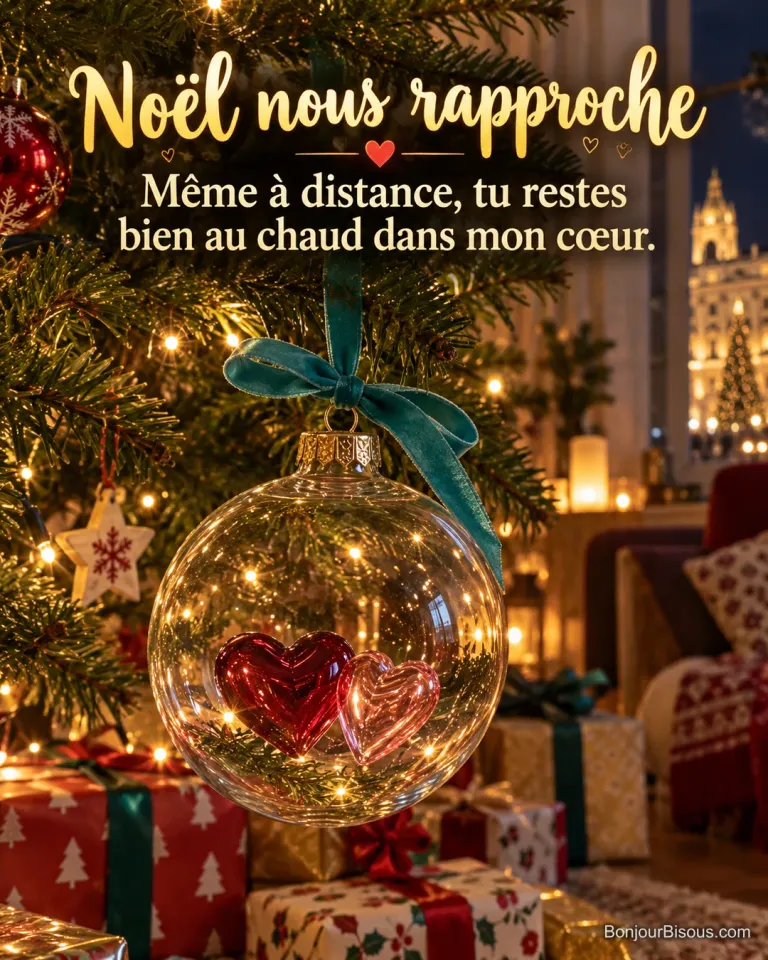Deux petits cœurs de verre se touchent dans une boule de Noël transparente parmi les lumières du sapin, avec le texte « Noël nous rapproche Même à distance, tu restes bien au chaud dans mon cœur. ».