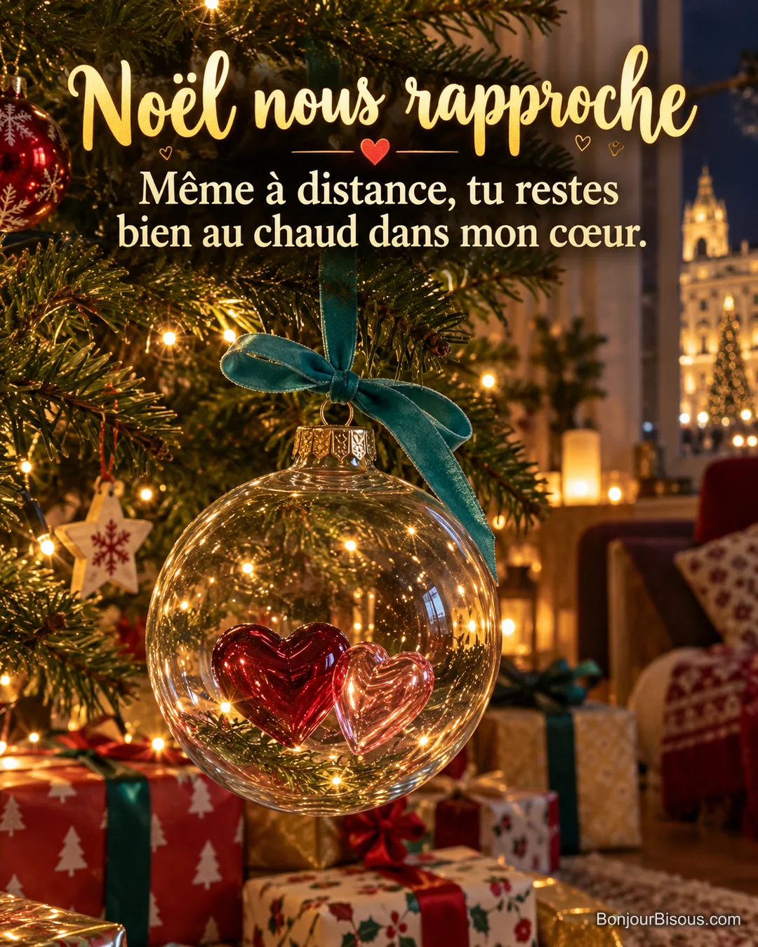 Deux petits cœurs de verre se touchent dans une boule de Noël transparente parmi les lumières du sapin, avec le texte « Noël nous rapproche Même à distance, tu restes bien au chaud dans mon cœur. ». Deux petits cœurs de verre se touchent dans une boule de Noël transparente parmi les lumières du sapin, avec le texte « Noël nous rapproche Même à distance, tu restes bien au chaud dans mon cœur. ».