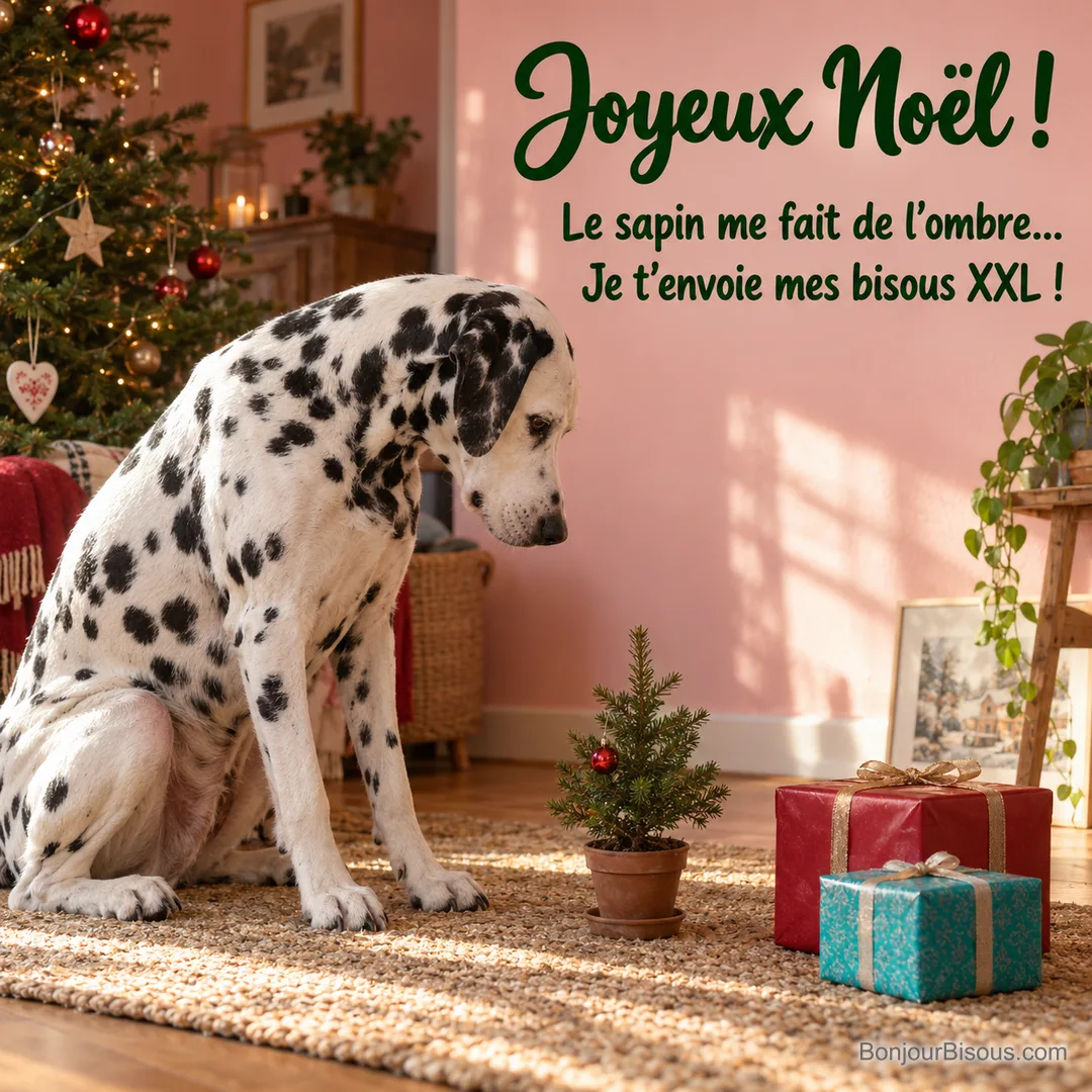 Un grand dalmatien observe un sapin de Noël minuscule décoré d’une seule boule rouge. Le message est : « Joyeux Noël ! Le sapin me fait de l’ombre… Je t’envoie mes bisous XXL ! ». Un grand dalmatien observe un sapin de Noël minuscule décoré d’une seule boule rouge. Le message est : « Joyeux Noël ! Le sapin me fait de l’ombre… Je t’envoie mes bisous XXL ! ».