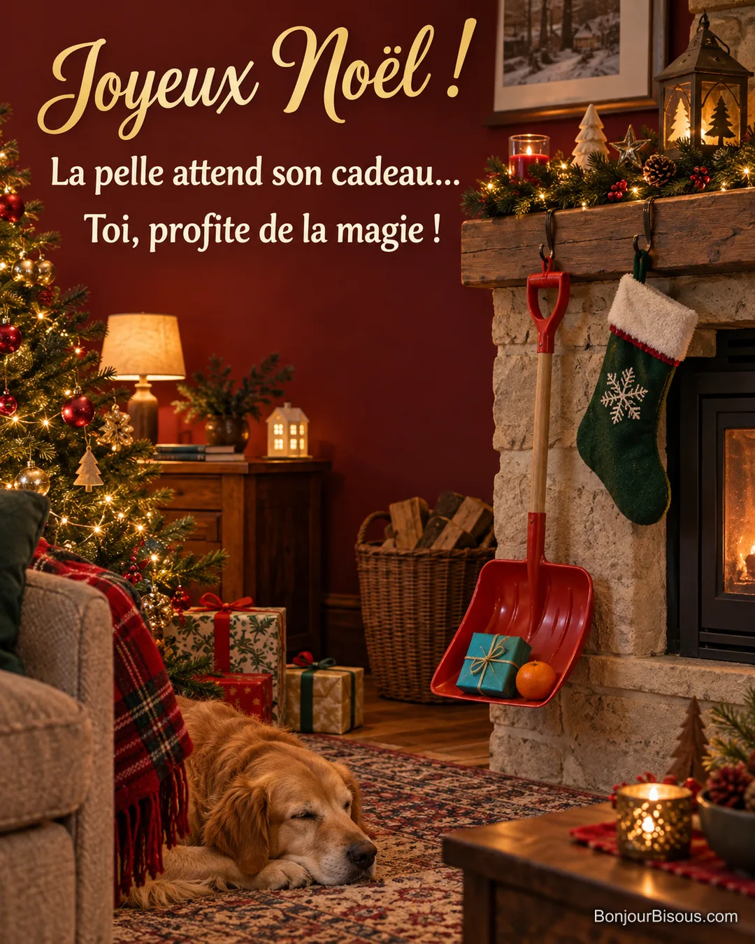 Une pelle à neige rouge a pris la place d’une chaussette de Noël pour recevoir son cadeau. Le message est : « Joyeux Noël ! La pelle attend son cadeau… Toi, profite de la magie ! ».