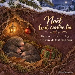Deux petites taupes se blottissent dans un refuge illuminé pour Noël sous les racines d’un sapin. Le message est : « Noël tout contre toi Dans notre petit refuge, je te serre de tout mon cœur. ».