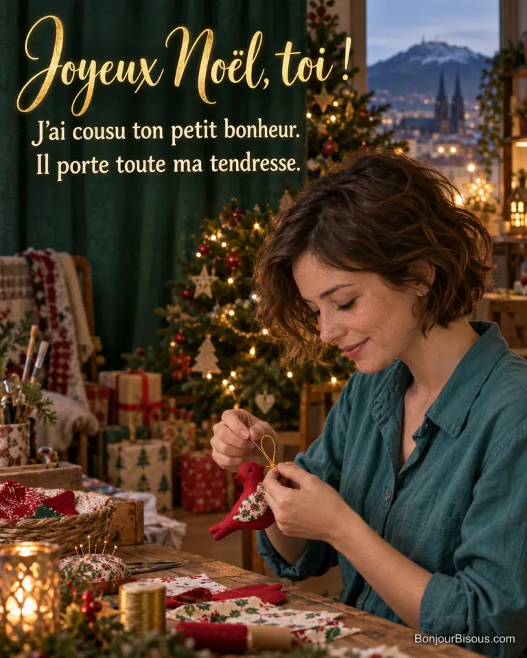 Une jeune femme coud avec soin un petit oiseau rouge pour offrir un bonheur de Noël fait main. Le message est : « Joyeux Noël, toi ! J’ai cousu ton petit bonheur. Il porte toute ma tendresse. ».