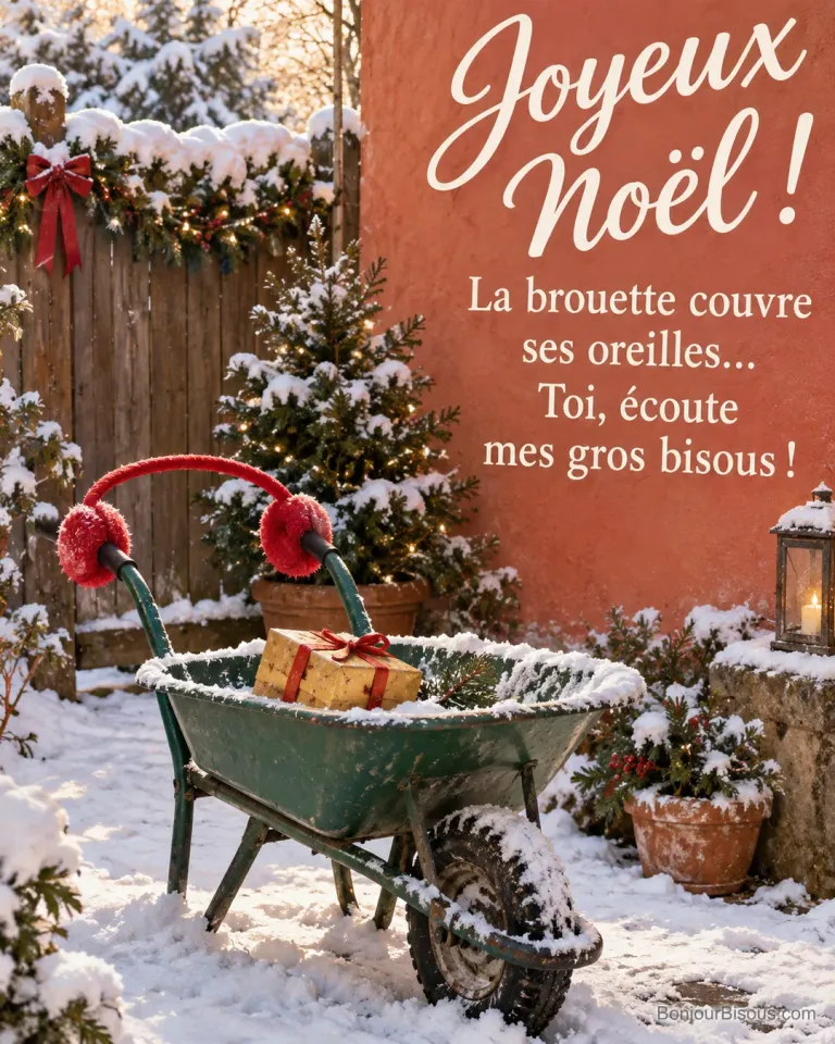 Une brouette de jardin porte un cache-oreilles rouge sur ses deux poignées à Noël. Le message est : « Joyeux Noël ! La brouette couvre ses oreilles… Toi, écoute mes gros bisous ! ».