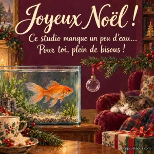 Un poisson rouge observe une petite boule de Noël vide suspendue à côté de son aquarium. Le message est : « Joyeux Noël ! Ce studio manque un peu d’eau… Pour toi, plein de bisous ! ».
