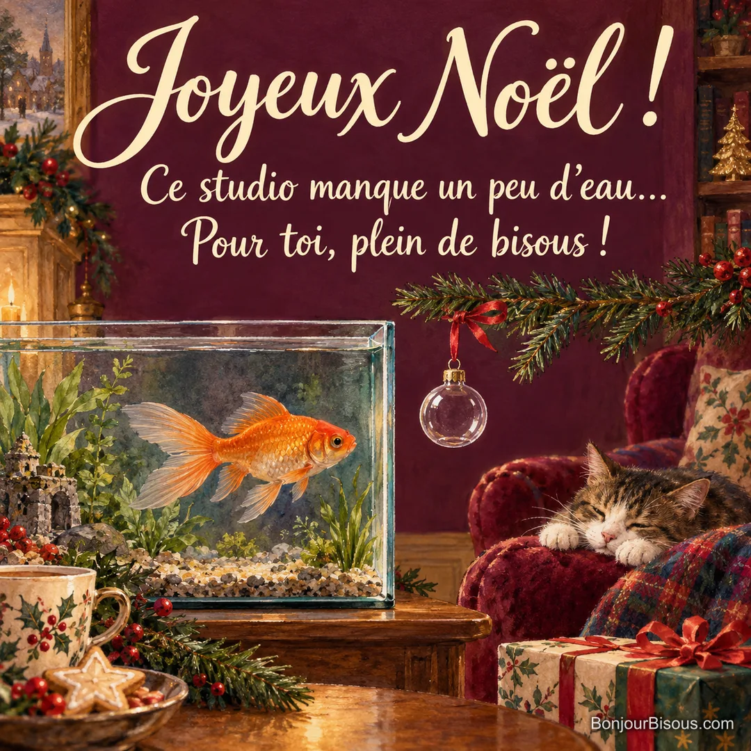 Un poisson rouge observe une petite boule de Noël vide suspendue à côté de son aquarium. Le message est : « Joyeux Noël ! Ce studio manque un peu d’eau… Pour toi, plein de bisous ! ». Un poisson rouge observe une petite boule de Noël vide suspendue à côté de son aquarium. Le message est : « Joyeux Noël ! Ce studio manque un peu d’eau… Pour toi, plein de bisous ! ».