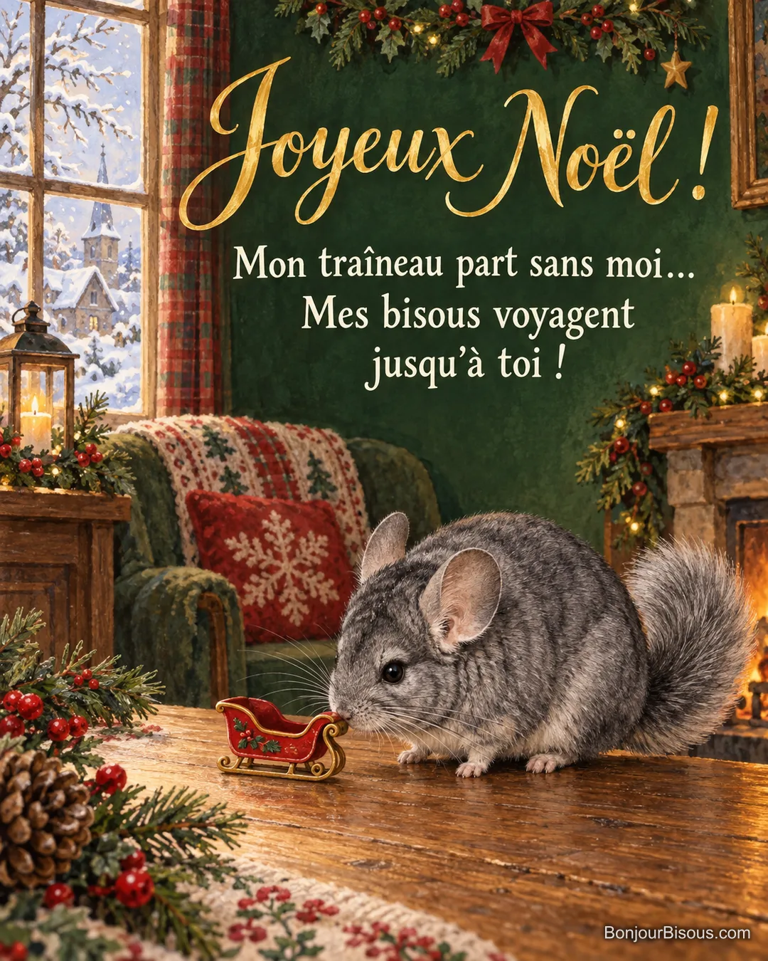 Un chinchilla trop grand pour son minuscule traîneau le pousse du museau à Noël. Le message est : « Joyeux Noël ! Mon traîneau part sans moi… Mes bisous voyagent jusqu’à toi ! ». Un chinchilla trop grand pour son minuscule traîneau le pousse du museau à Noël. Le message est : « Joyeux Noël ! Mon traîneau part sans moi… Mes bisous voyagent jusqu’à toi ! ».