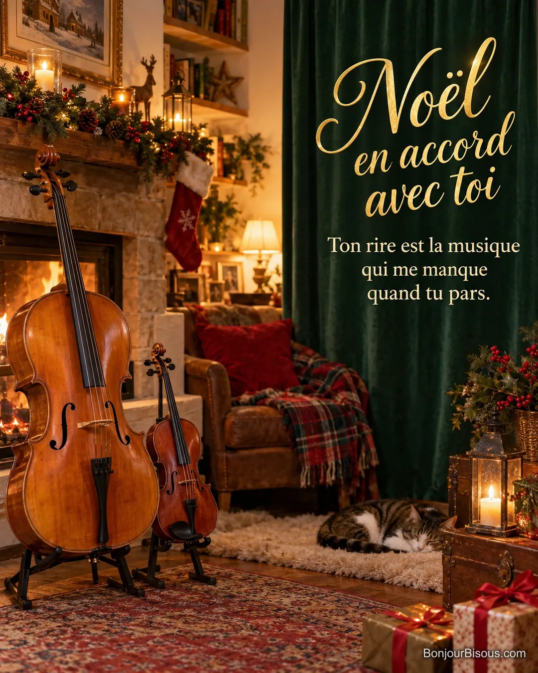 Un violoncelle et un petit violon attendent côte à côte dans un salon de Noël. Le message est : « Noël en accord avec toi Ton rire est la musique qui me manque quand tu pars. ».