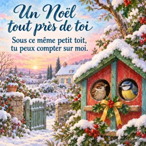 Un moineau et une mésange se tiennent chacun à une entrée d’un même nichoir décoré pour Noël. Le message est : « Un Noël tout près de toi Sous ce même petit toit, tu peux compter sur moi. ».