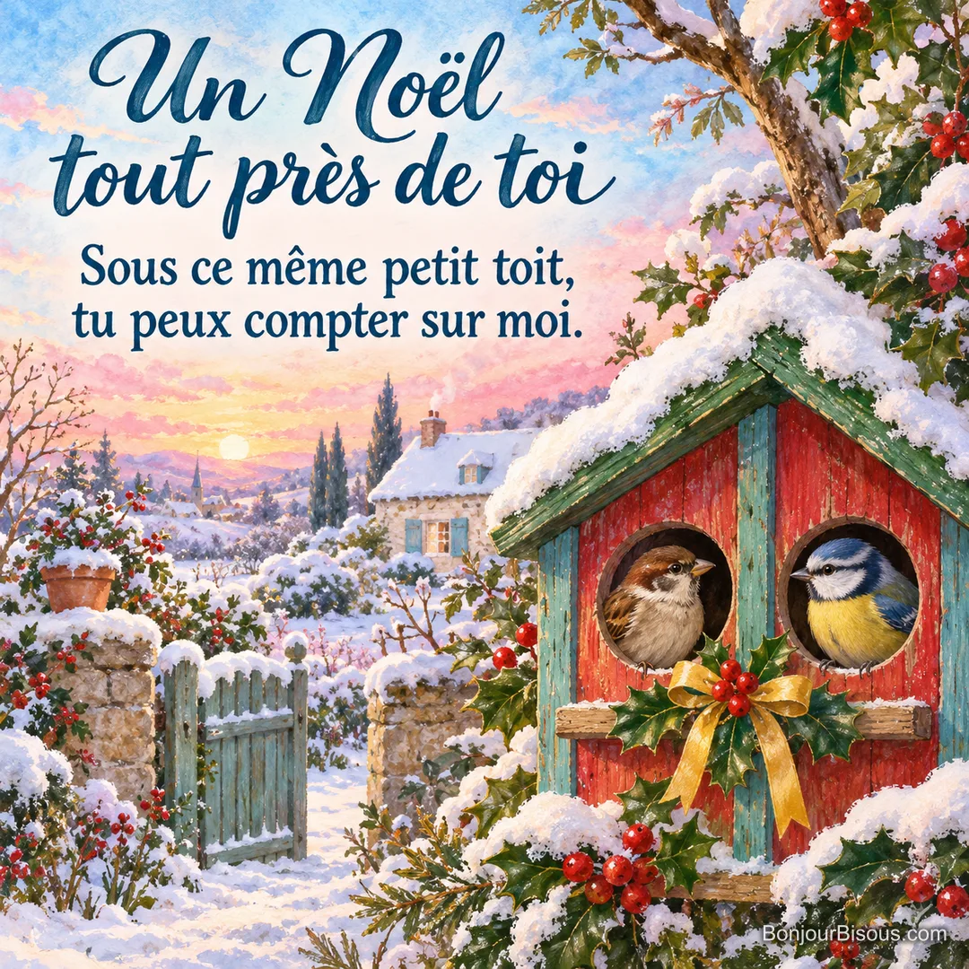 Un moineau et une mésange se tiennent chacun à une entrée d’un même nichoir décoré pour Noël. Le message est : « Un Noël tout près de toi Sous ce même petit toit, tu peux compter sur moi. ».