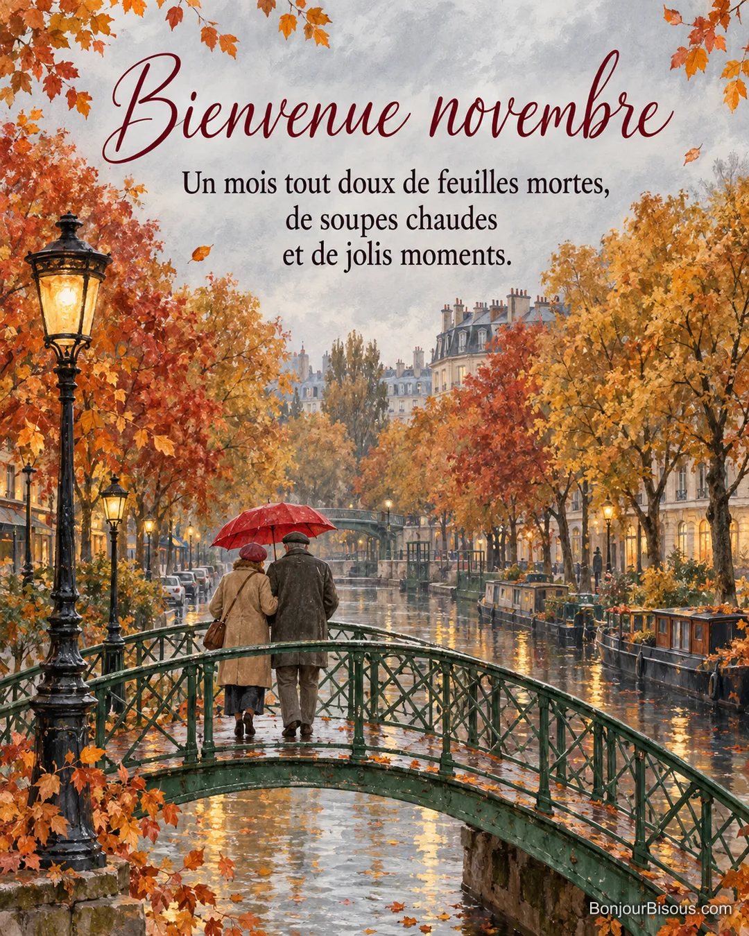 Peinture d’un couple âgé vu de dos sous un parapluie rouge sur une passerelle verte du canal Saint-Martin à Paris, arbres roux et péniches, avec le texte « Bienvenue novembre – Un mois tout doux de feuilles mortes, de soupes chaudes et de jolis moments. »