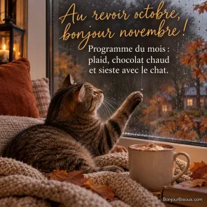 Photo d’un chat tigré allongé sur un plaid au bord d’une fenêtre pluvieuse, la patte levée vers une goutte, avec une tasse de chocolat chaud et des feuilles d’automne, avec le texte « Au revoir octobre, bonjour novembre ! Programme du mois : plaid, chocolat chaud et sieste avec le chat. »