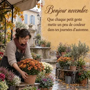Une fleuriste arrange des pots de chrysanthèmes sous un auvent de village provençal, avec le texte « Bonjour novembre Que chaque petit geste mette un peu de couleur dans tes journées d’automne. ».