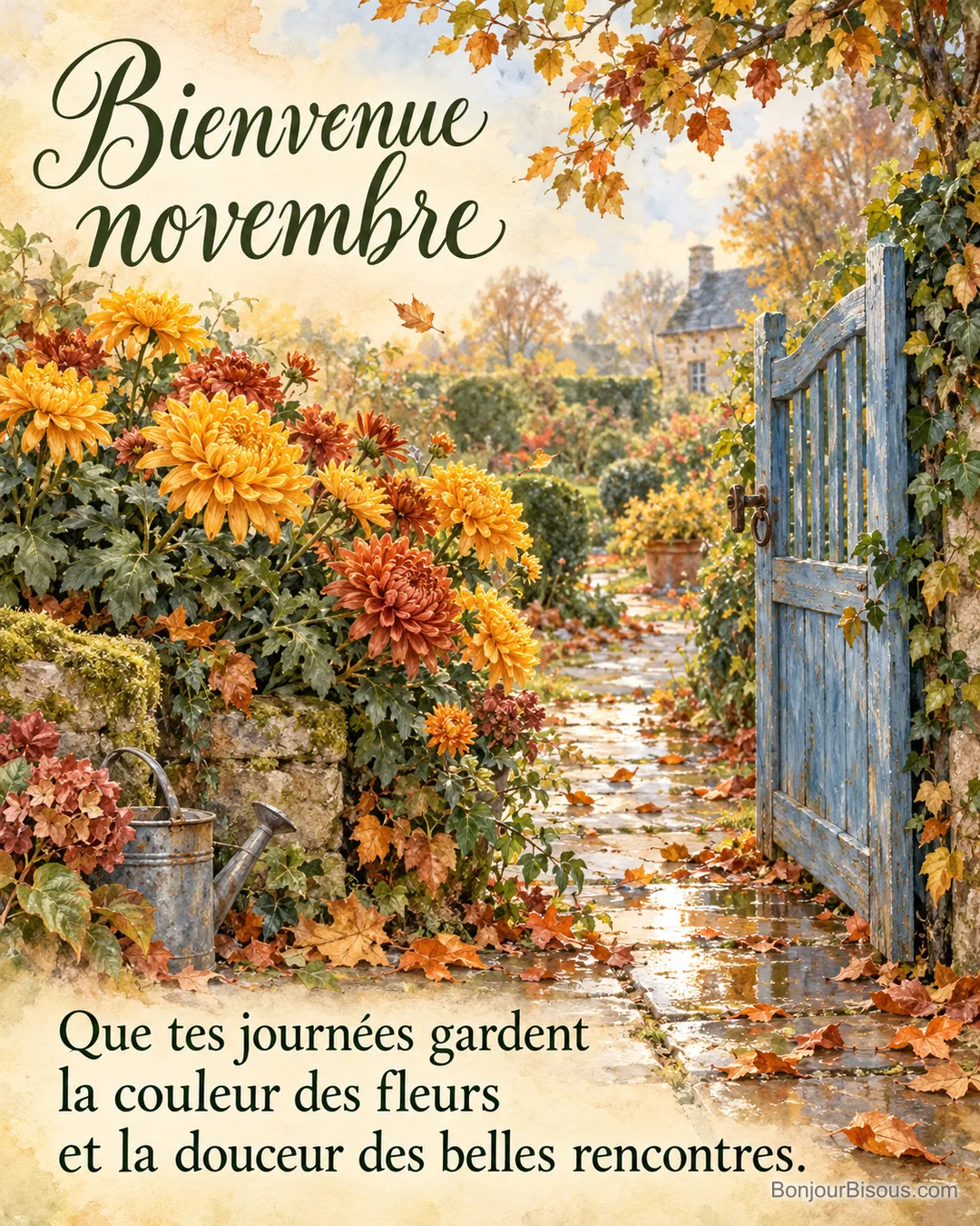 Des chrysanthèmes jaunes et cuivrés s’agitent devant un portillon de jardin normand, avec le texte « Bienvenue novembre Que tes journées gardent la couleur des fleurs et la douceur des belles rencontres. ». Des chrysanthèmes jaunes et cuivrés s’agitent devant un portillon de jardin normand, avec le texte « Bienvenue novembre Que tes journées gardent la couleur des fleurs et la douceur des belles rencontres. ».