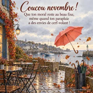 Un parapluie emporté par une rafale s’envole devant un café de bord de mer breton, avec le texte « Coucou novembre ! Que ton moral reste au beau fixe, même quand ton parapluie a des envies de cerf-volant ! ».