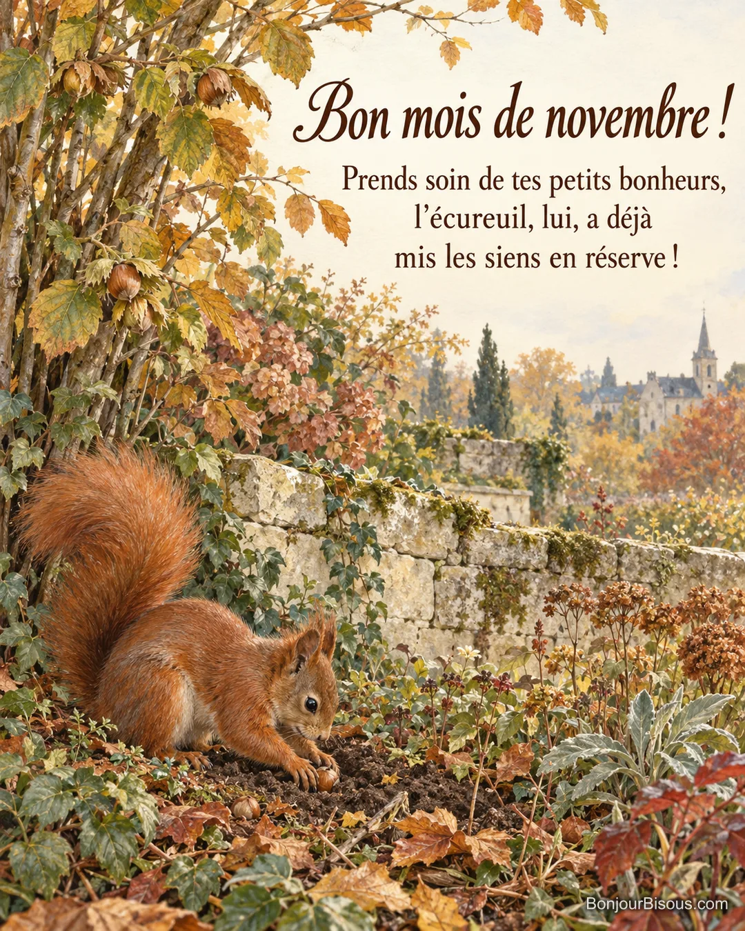 Un écureuil roux cache une noisette dans les feuilles d’un jardin de Touraine, avec le texte « Bon mois de novembre ! Prends soin de tes petits bonheurs, l’écureuil, lui, a déjà mis les siens en réserve ! ». Un écureuil roux cache une noisette dans les feuilles d’un jardin de Touraine, avec le texte « Bon mois de novembre ! Prends soin de tes petits bonheurs, l’écureuil, lui, a déjà mis les siens en réserve ! ».