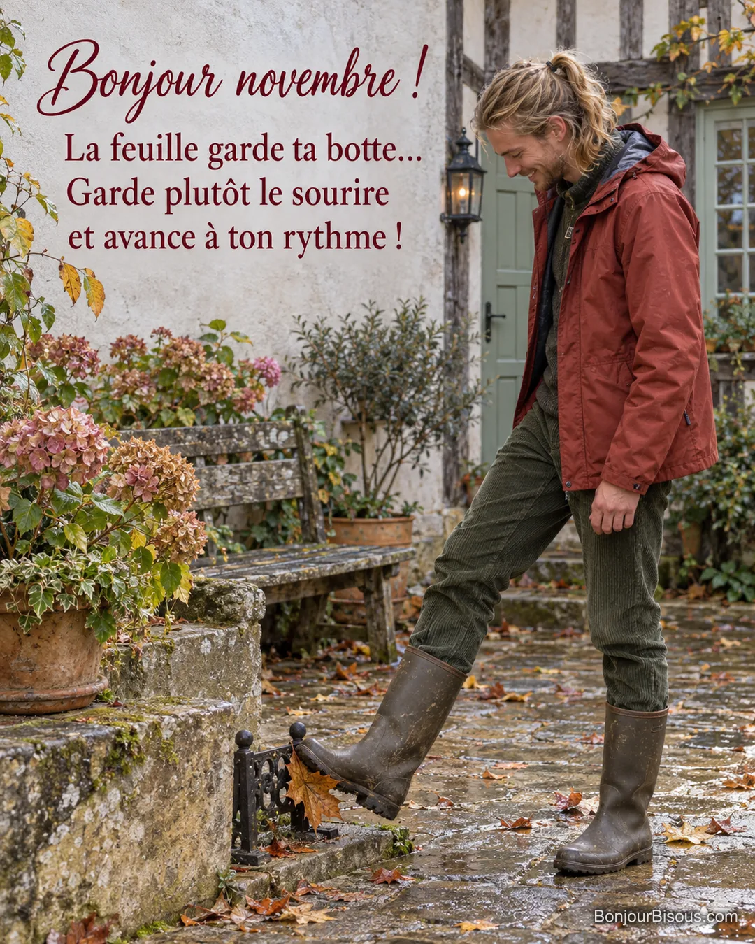 Un promeneur découvre une grande feuille coincée dans le décrottoir de sa cour normande, avec le texte « Bonjour novembre ! La feuille garde ta botte… Garde plutôt le sourire et avance à ton rythme ! ». Un promeneur découvre une grande feuille coincée dans le décrottoir de sa cour normande, avec le texte « Bonjour novembre ! La feuille garde ta botte… Garde plutôt le sourire et avance à ton rythme ! ».