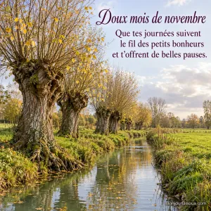 Des saules têtards aux dernières feuilles jaunes se reflètent dans un fossé du Marais poitevin, avec le texte « Doux mois de novembre Que tes journées suivent le fil des petits bonheurs et t’offrent de belles pauses. ».