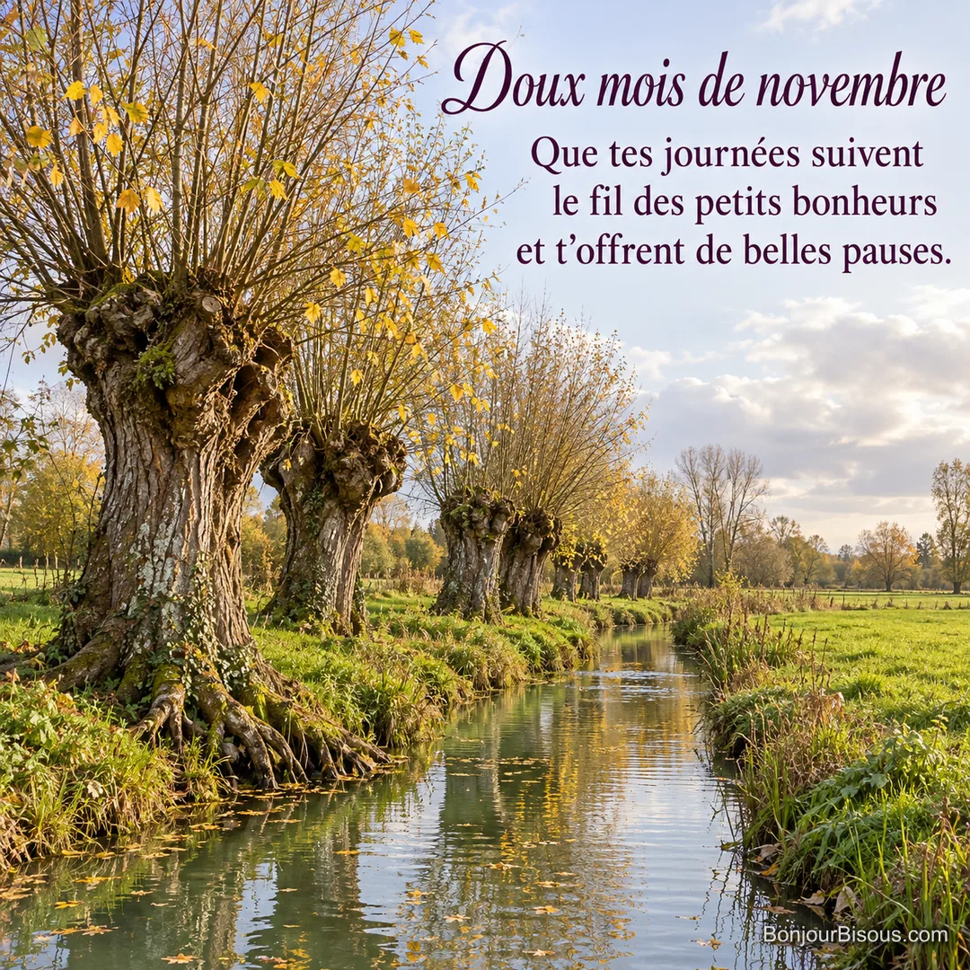 Des saules têtards aux dernières feuilles jaunes se reflètent dans un fossé du Marais poitevin, avec le texte « Doux mois de novembre Que tes journées suivent le fil des petits bonheurs et t’offrent de belles pauses. ». Des saules têtards aux dernières feuilles jaunes se reflètent dans un fossé du Marais poitevin, avec le texte « Doux mois de novembre Que tes journées suivent le fil des petits bonheurs et t’offrent de belles pauses. ».