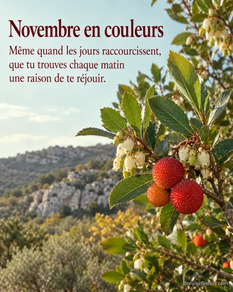 Une branche d’arbousier porte ses fruits rouges et ses petites fleurs automnales dans la garrigue provençale, avec le texte « Novembre en couleurs Même quand les jours raccourcissent, que tu trouves chaque matin une raison de te réjouir. ».