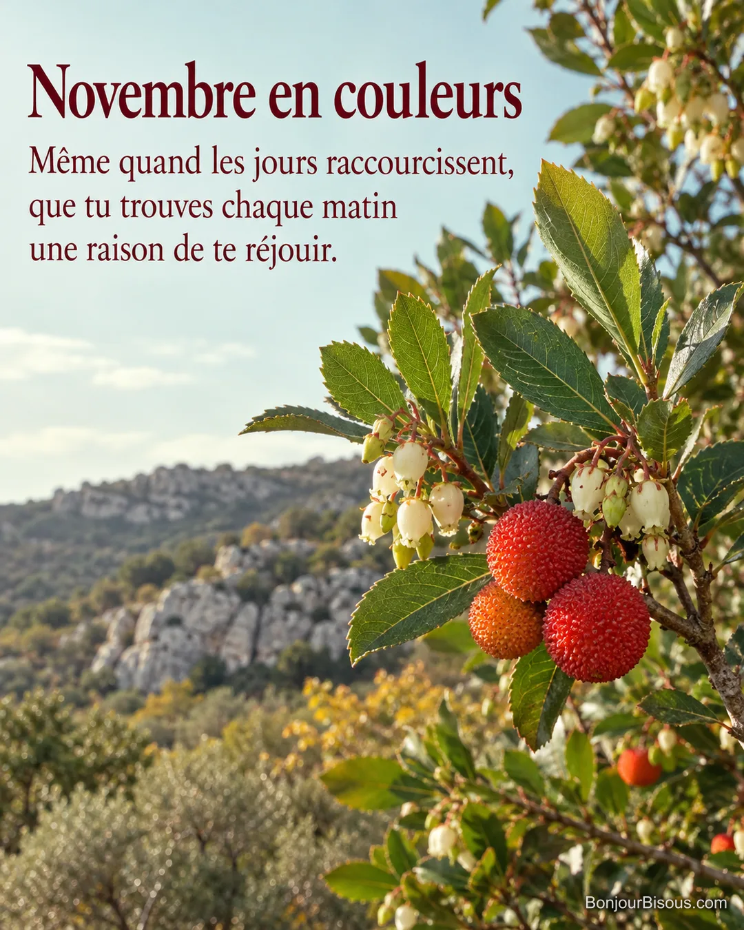 Une branche d’arbousier porte ses fruits rouges et ses petites fleurs automnales dans la garrigue provençale, avec le texte « Novembre en couleurs Même quand les jours raccourcissent, que tu trouves chaque matin une raison de te réjouir. ». Une branche d’arbousier porte ses fruits rouges et ses petites fleurs automnales dans la garrigue provençale, avec le texte « Novembre en couleurs Même quand les jours raccourcissent, que tu trouves chaque matin une raison de te réjouir. ».