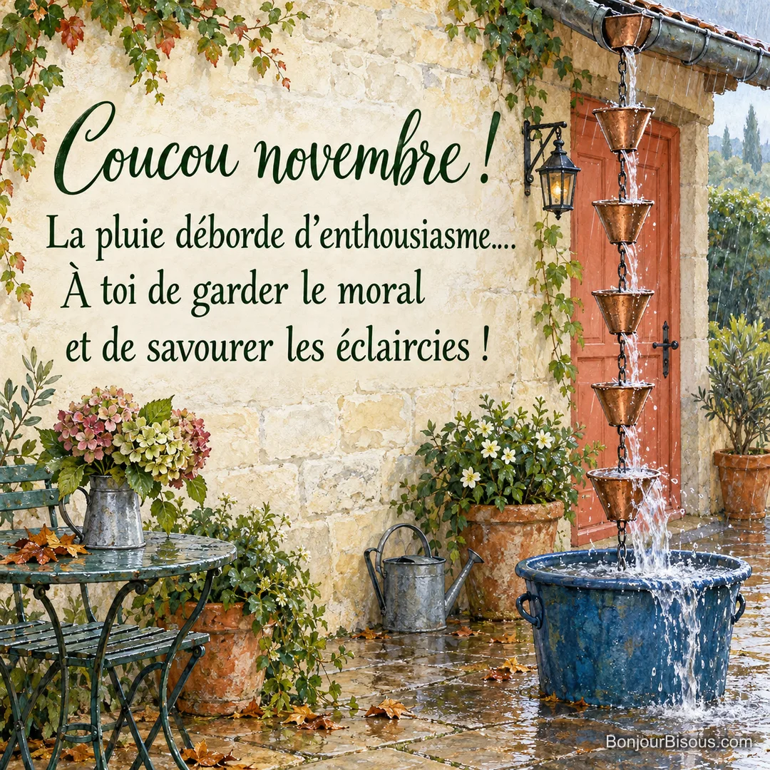 Une chaîne de pluie en cuivre déborde dans un bac bleu pendant une averse de novembre, avec le texte « Coucou novembre ! La pluie déborde d’enthousiasme… À toi de garder le moral et de savourer les éclaircies ! ». Une chaîne de pluie en cuivre déborde dans un bac bleu pendant une averse de novembre, avec le texte « Coucou novembre ! La pluie déborde d’enthousiasme… À toi de garder le moral et de savourer les éclaircies ! ».