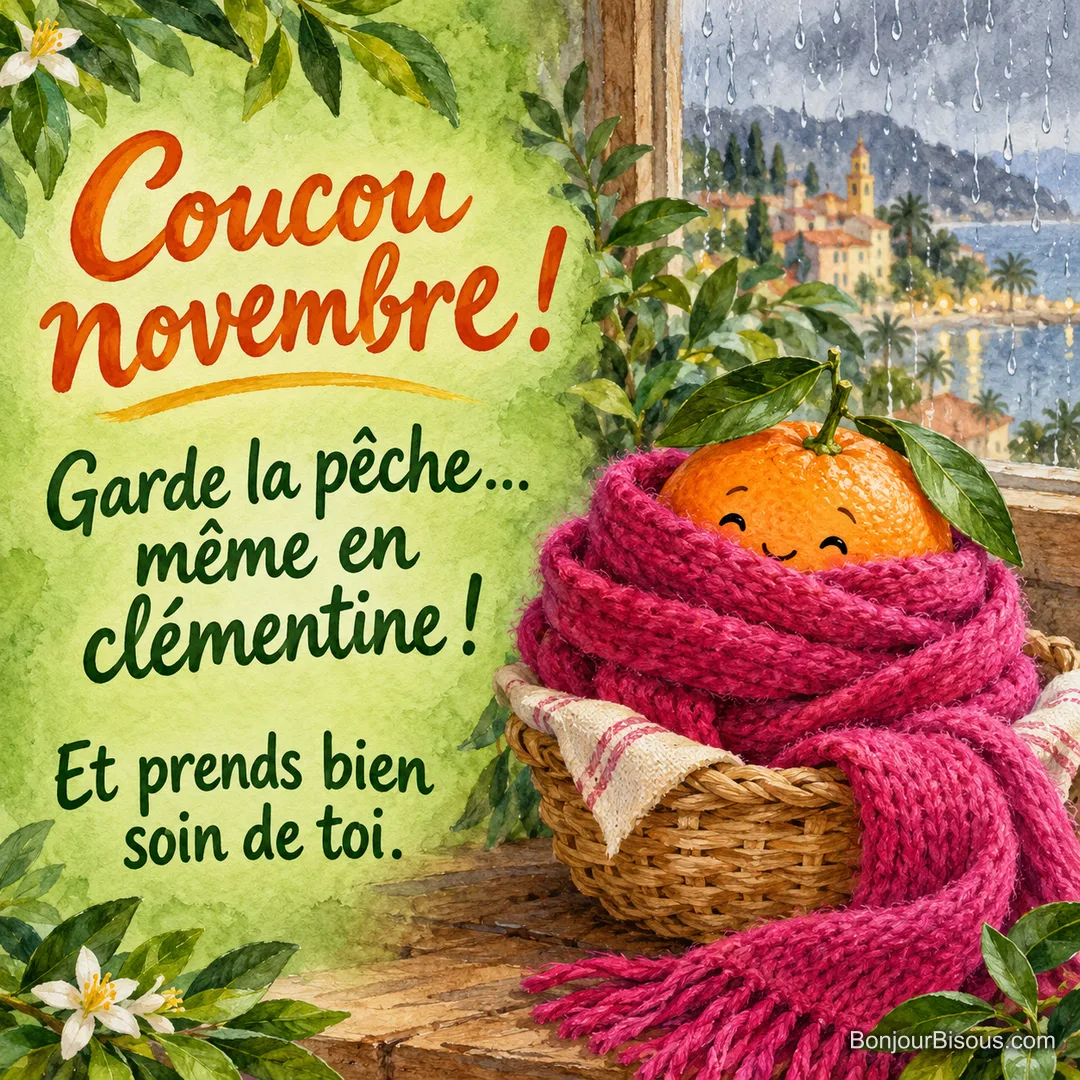 Une clémentine souriante disparaît presque dans sa longue écharpe rose, devant une vitre de novembre, avec le texte « Coucou novembre ! Garde la pêche… même en clémentine ! Et prends bien soin de toi. ». Une clémentine souriante disparaît presque dans sa longue écharpe rose, devant une vitre de novembre, avec le texte « Coucou novembre ! Garde la pêche… même en clémentine ! Et prends bien soin de toi. ».
