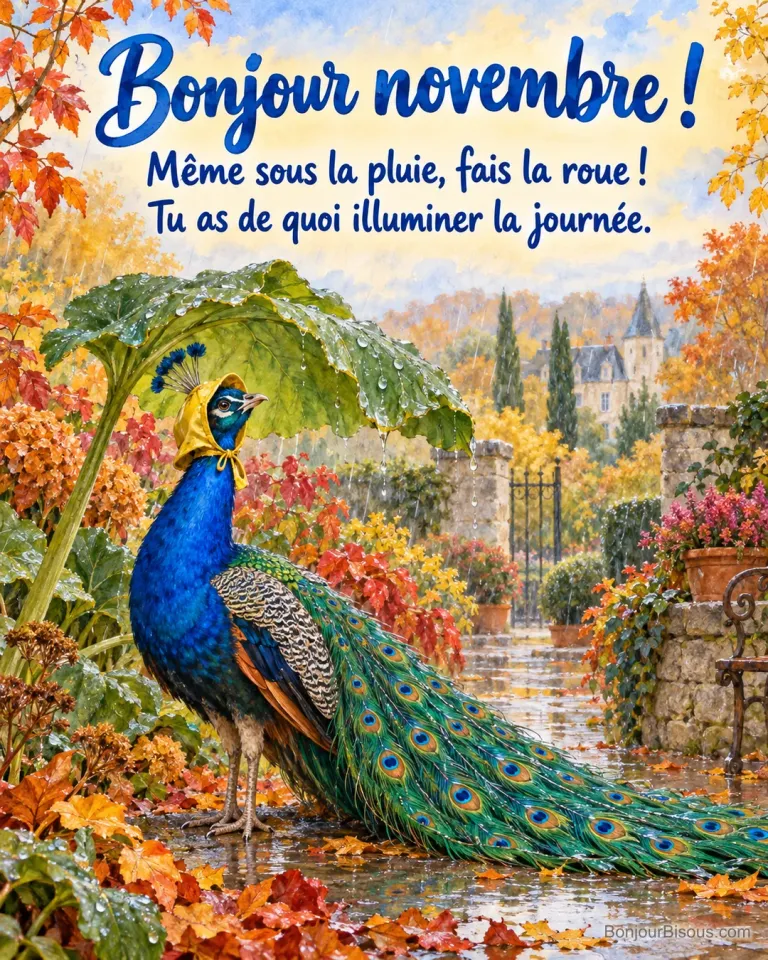 Un paon coiffé d’une capuche jaune protège sa tête de la pluie sous une large feuille, tandis que sa queue dépasse, avec le texte « Bonjour novembre ! Même sous la pluie, fais la roue ! Tu as de quoi illuminer la journée. ».