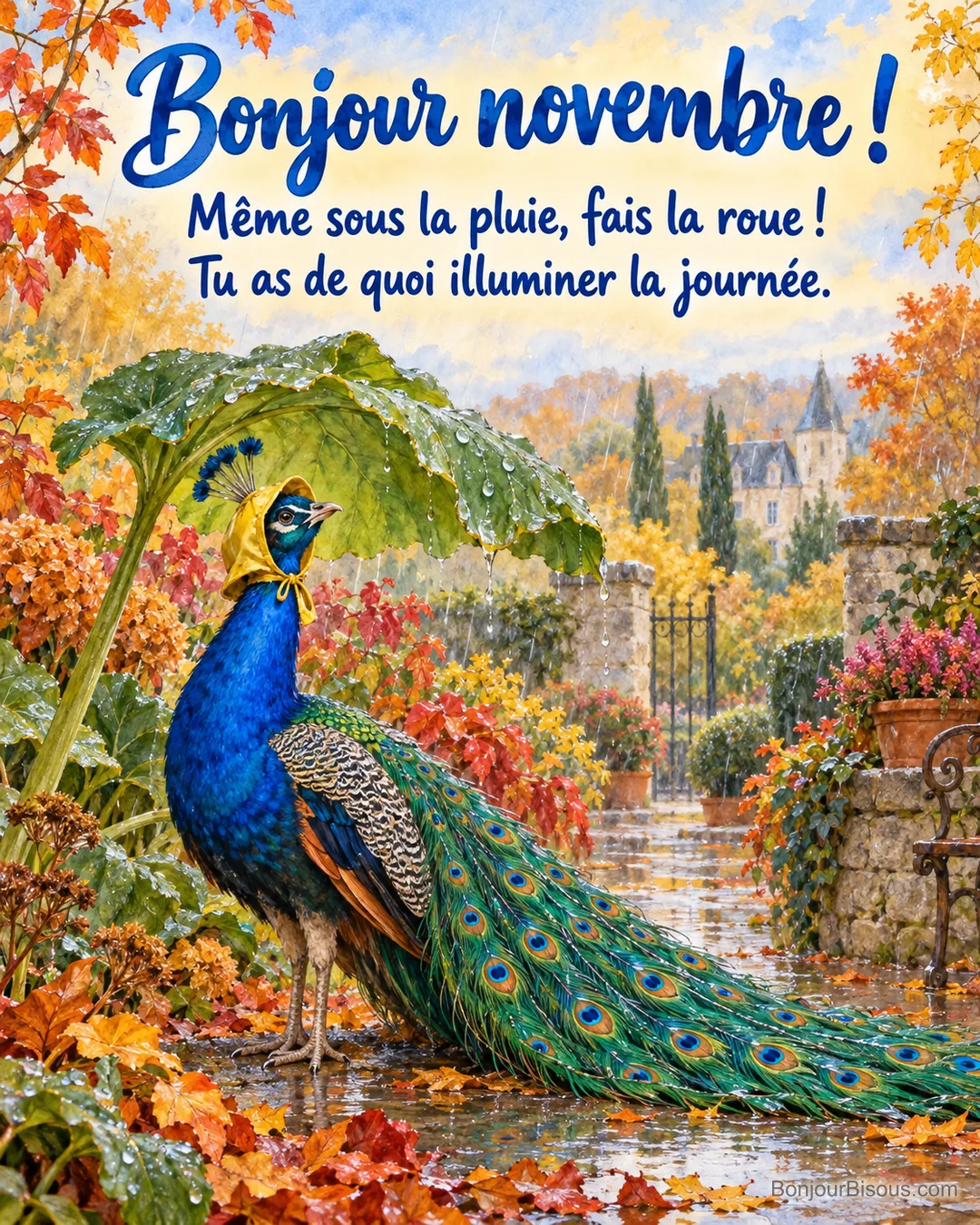 Un paon coiffé d’une capuche jaune protège sa tête de la pluie sous une large feuille, tandis que sa queue dépasse, avec le texte « Bonjour novembre ! Même sous la pluie, fais la roue ! Tu as de quoi illuminer la journée. ». Un paon coiffé d’une capuche jaune protège sa tête de la pluie sous une large feuille, tandis que sa queue dépasse, avec le texte « Bonjour novembre ! Même sous la pluie, fais la roue ! Tu as de quoi illuminer la journée. ».