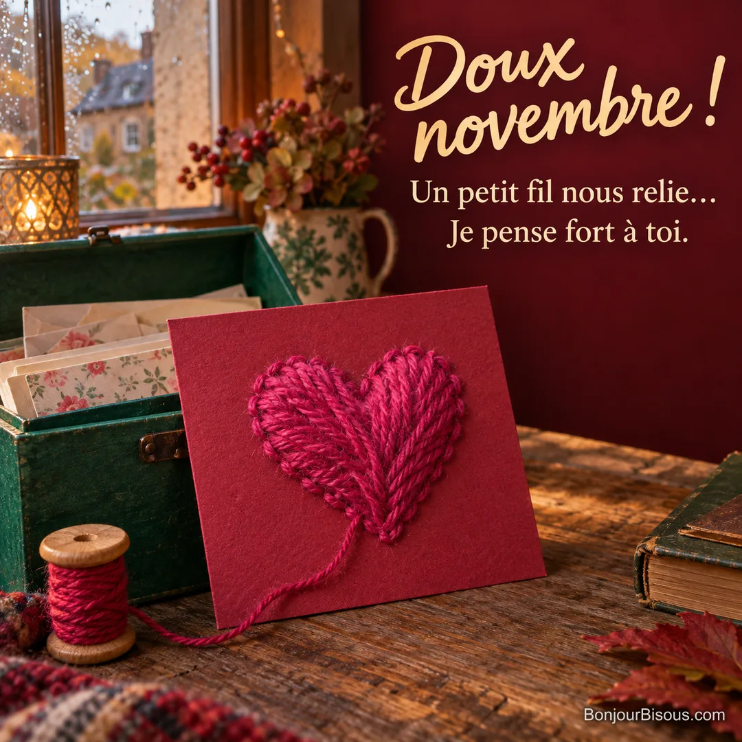 Un cœur brodé fuchsia sur une carte rouge est relié par un fil à sa bobine devant une fenêtre pluvieuse, avec le texte « Doux novembre ! Un petit fil nous relie… Je pense fort à toi. ». Un cœur brodé fuchsia sur une carte rouge est relié par un fil à sa bobine devant une fenêtre pluvieuse, avec le texte « Doux novembre ! Un petit fil nous relie… Je pense fort à toi. ».