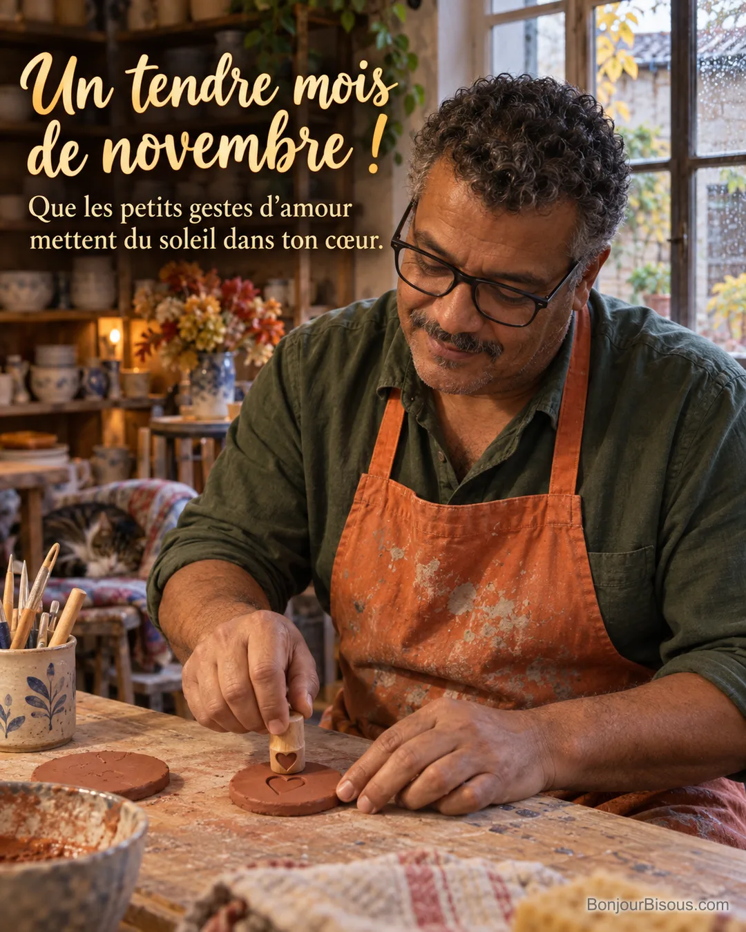 Un artisan en tablier orange imprime un cœur dans un médaillon d’argile, dans son atelier un après-midi pluvieux, avec le texte « Un tendre mois de novembre ! Que les petits gestes d’amour mettent du soleil dans ton cœur. ». Un artisan en tablier orange imprime un cœur dans un médaillon d’argile, dans son atelier un après-midi pluvieux, avec le texte « Un tendre mois de novembre ! Que les petits gestes d’amour mettent du soleil dans ton cœur. ».