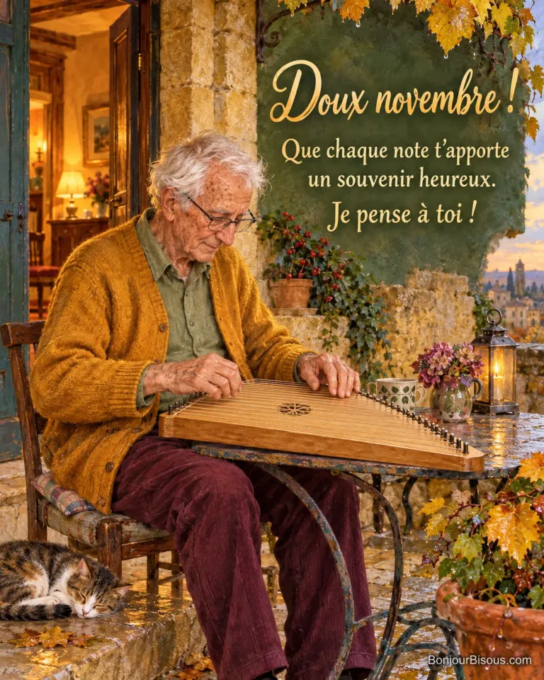 Un musicien en gilet safran pince les cordes d’une cithare sous un porche du Périgord, près d’un chat endormi, avec le texte « Doux novembre ! Que chaque note t’apporte un souvenir heureux. Je pense à toi ! ».