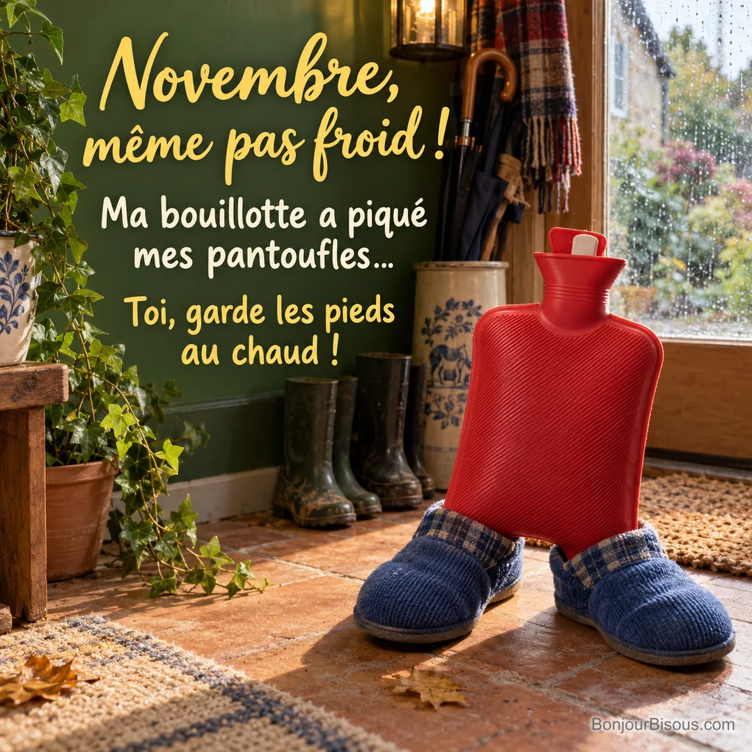Une bouillotte rouge semble avoir chaussé une grande paire de pantoufles bleues. Le message est : « Novembre, même pas froid ! Ma bouillotte a piqué mes pantoufles… Toi, garde les pieds au chaud ! ». Une bouillotte rouge semble avoir chaussé une grande paire de pantoufles bleues. Le message est : « Novembre, même pas froid ! Ma bouillotte a piqué mes pantoufles… Toi, garde les pieds au chaud ! ».
