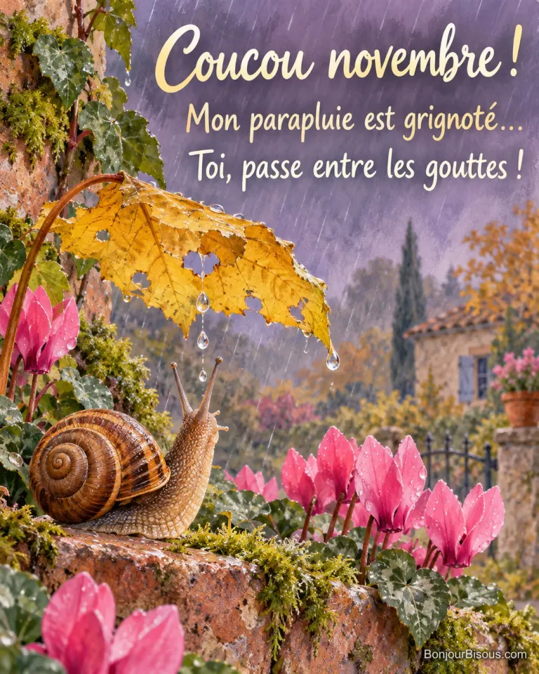 Un escargot regarde la pluie traverser les trous de son parapluie en feuille. Le message est : « Coucou novembre ! Mon parapluie est grignoté… Toi, passe entre les gouttes ! ».