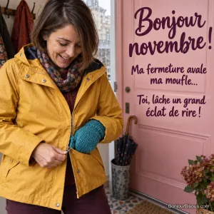Une femme rit en découvrant que sa moufle turquoise est coincée dans la fermeture de son imperméable. Le message est : « Bonjour novembre ! Ma fermeture avale ma moufle… Toi, lâche un grand éclat de rire ! ».